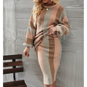 2 Piece Knit Suit Colorblock Stripe Sweater and Skirt